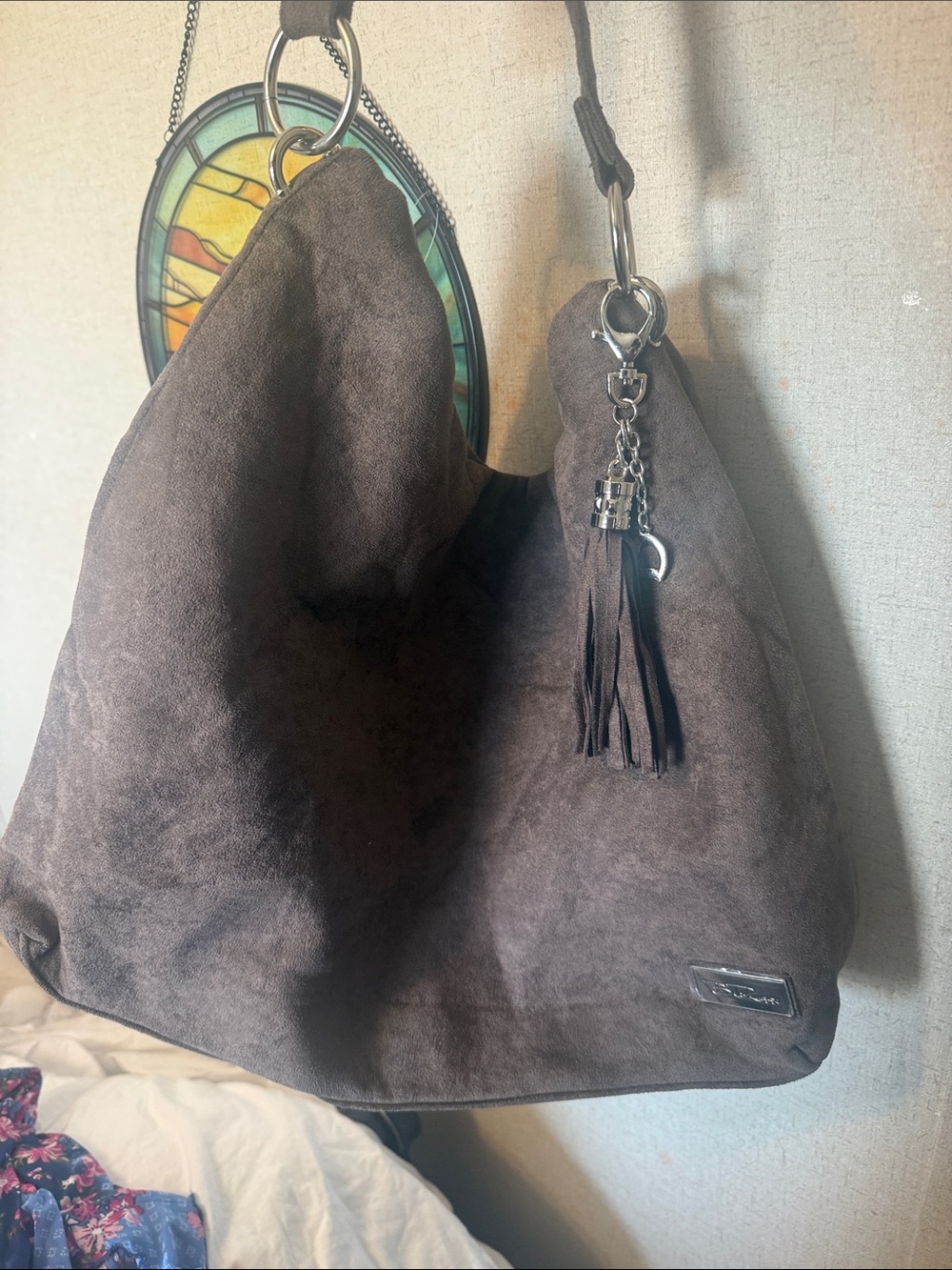 Tassel Accent Chocolate Suede Shoulder Bag